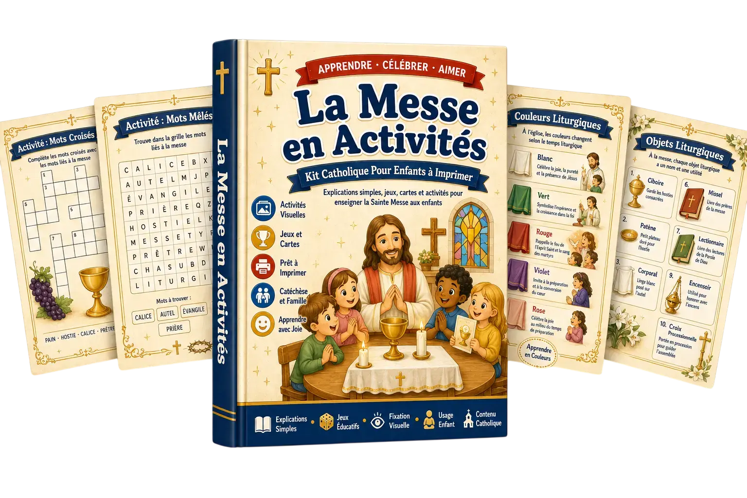 Kit Missa em Atividades — capa do livro com fichas de atividades ao redor